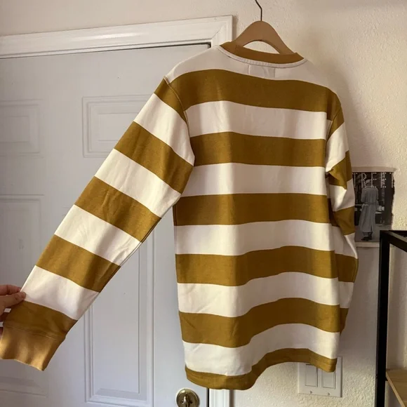 TAIKAN white mustard yellow striped cotton crew neck long sleeve pullover shirt